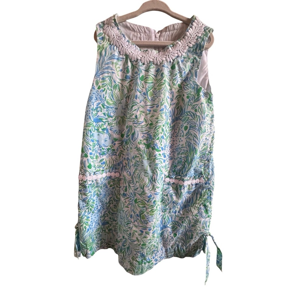Lily Pulitzer Girl's Sz 7 Shift Dress Blue Green Shift Lace Trim NecklinePockets